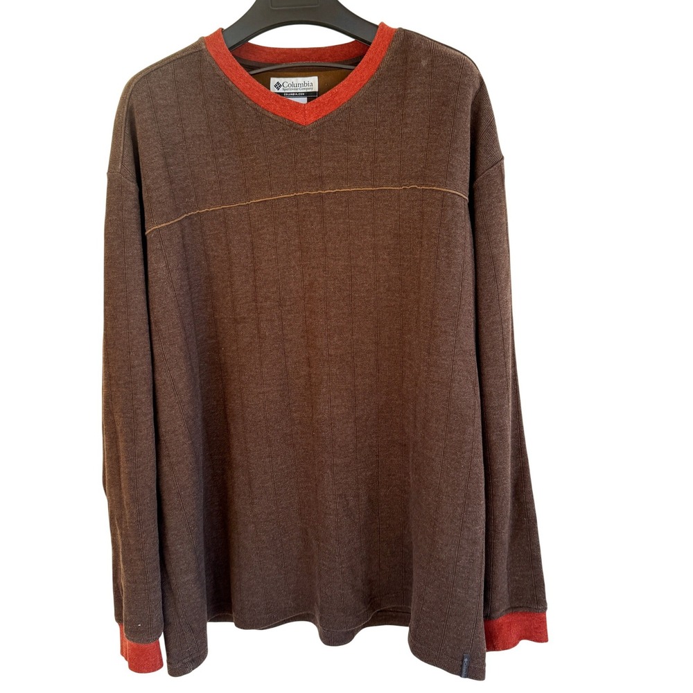 Columbia Mens 2XL Long Sleeve Ribbed V Neck‎ Shirt Brown Orange Y2K